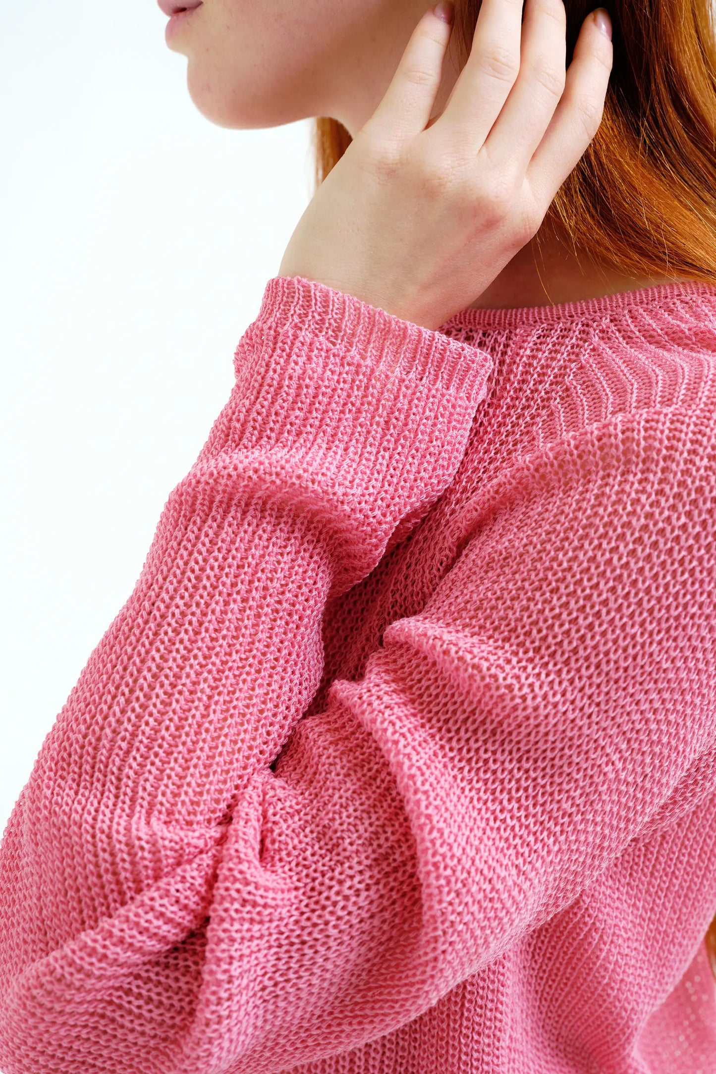 pink openwork knit sweater
