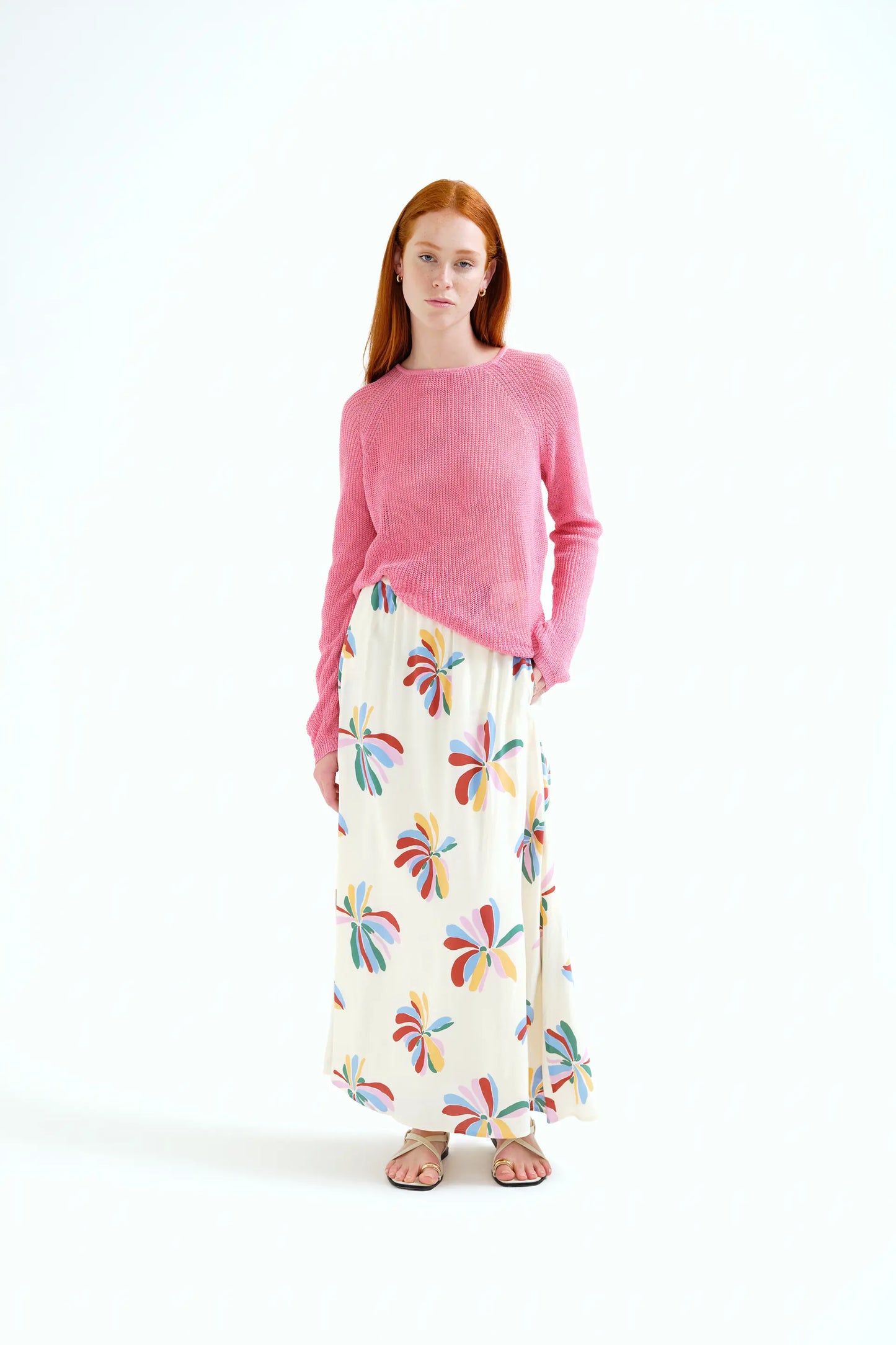 pink openwork knit sweater