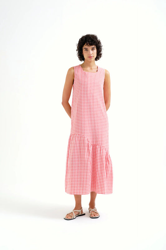 Vestido midi 100% algodón cuadros vichy rojo