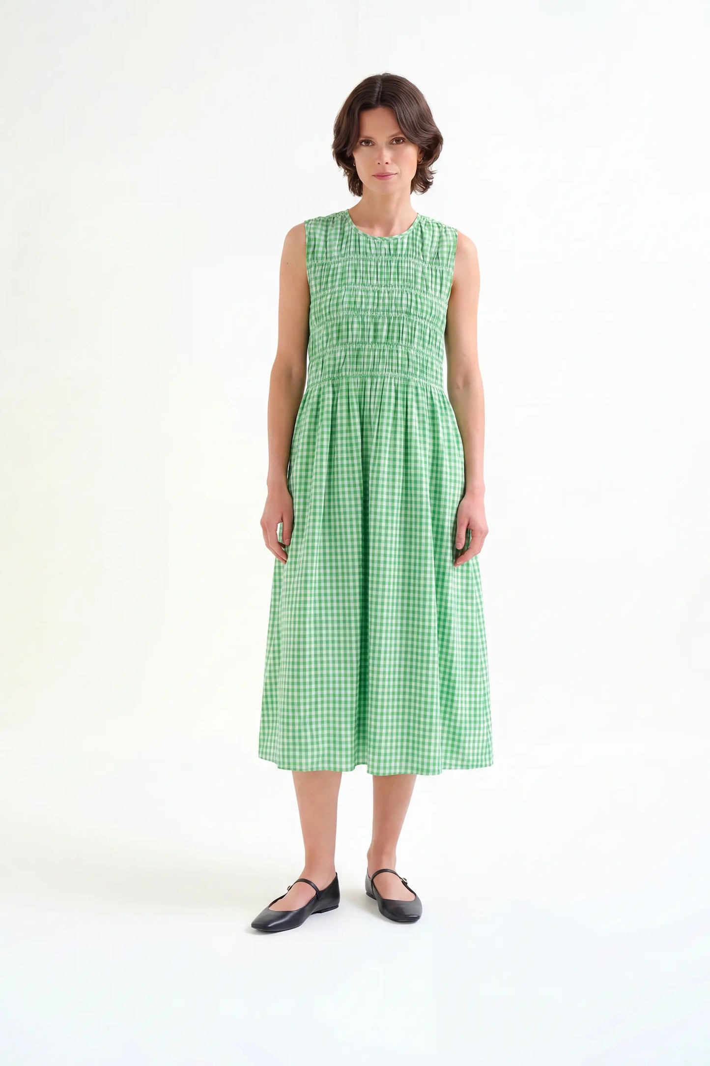 Vestido largo 100% algodón cuadros vichy verde claro
