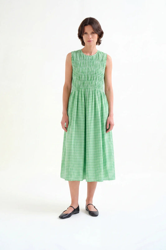 Vestito lungo 100% cotone a quadri vichy verde chiaro