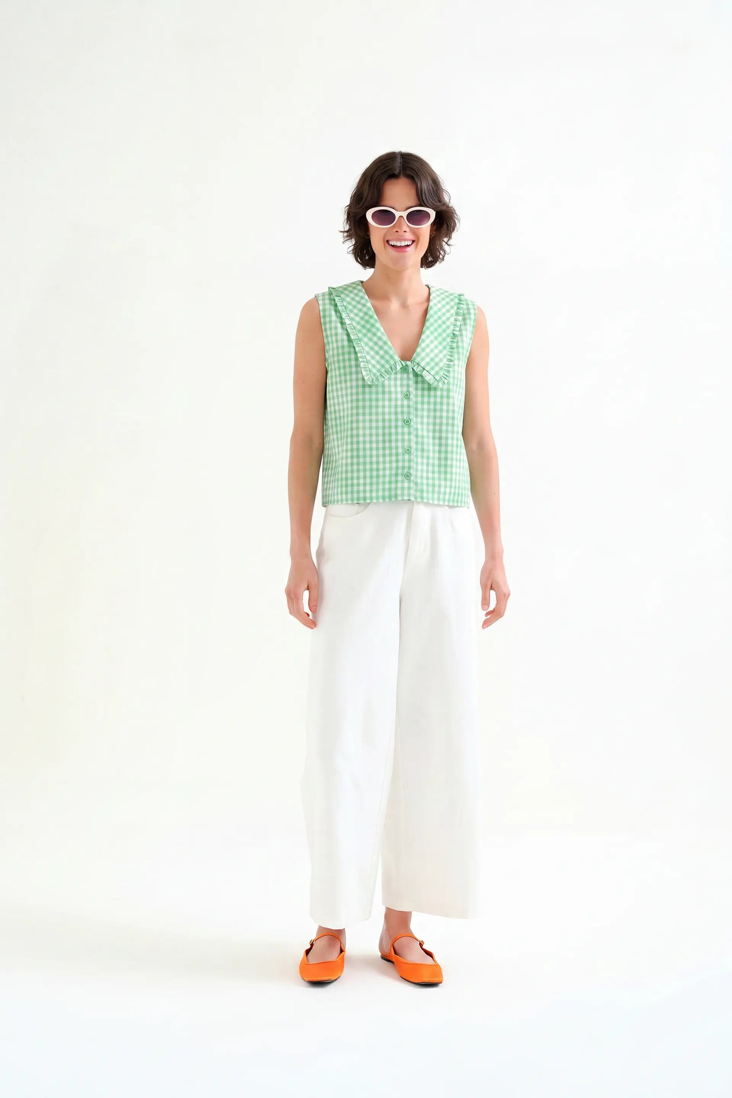 Top 100% cotone a quadri Vichy verde chiaro