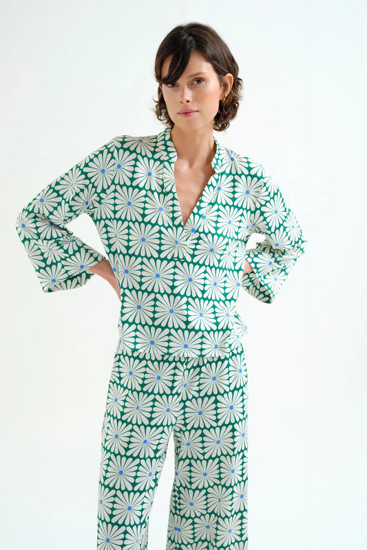 Top playero con estampado Olive Flower Green manga larga