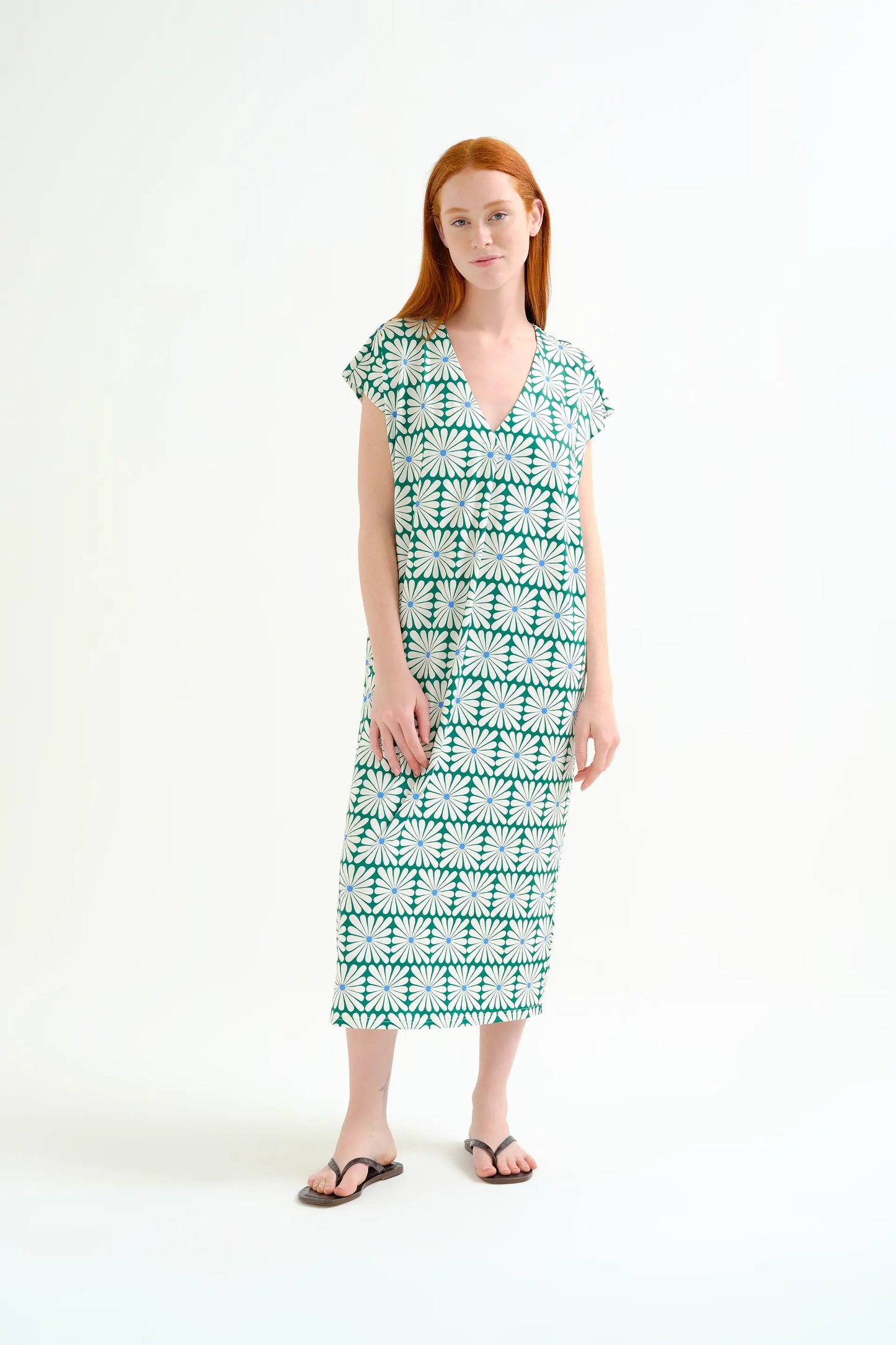 Long kaftan with Olive Flower Green print
