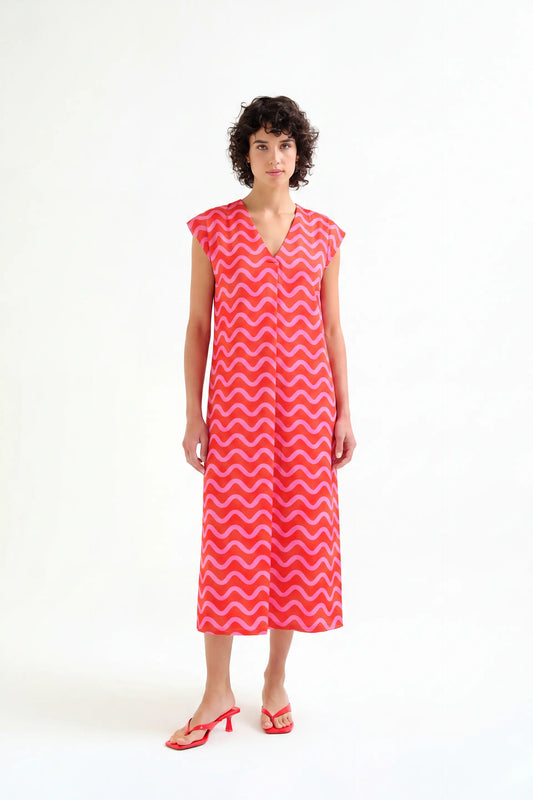 Long Kaftan with Wave Red & Pink Print