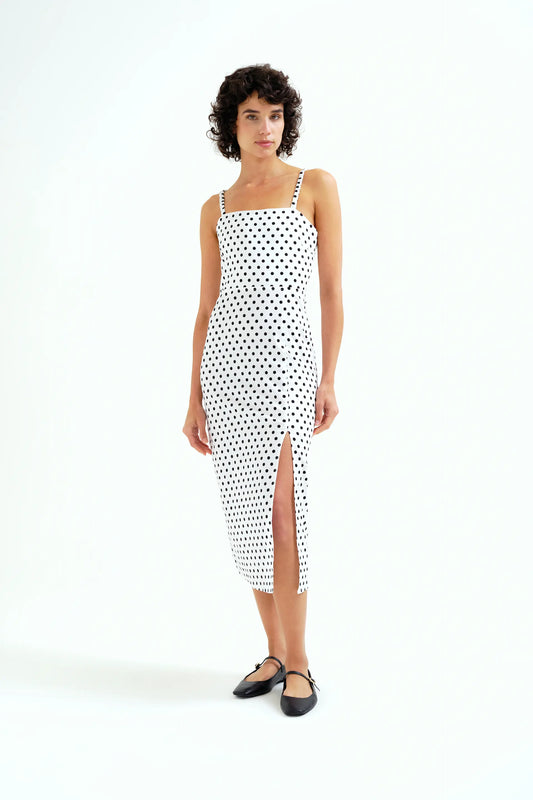 Vestido midi con estampado de puntos negro