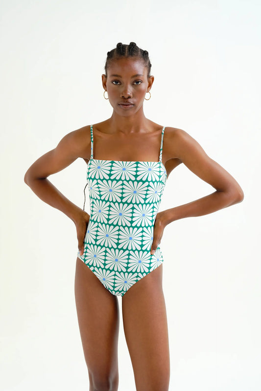 Bañador escote recto estampado Olive Flower Green