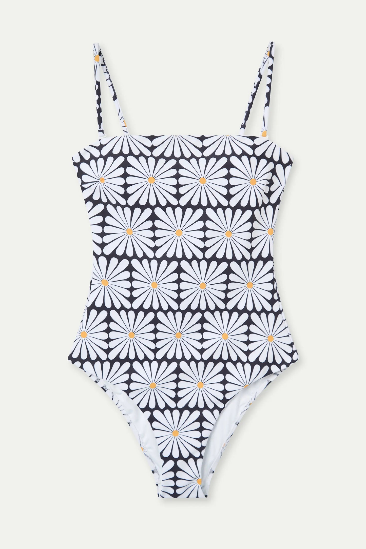 Olive Flower Print Straight Neck Swimsuit Black