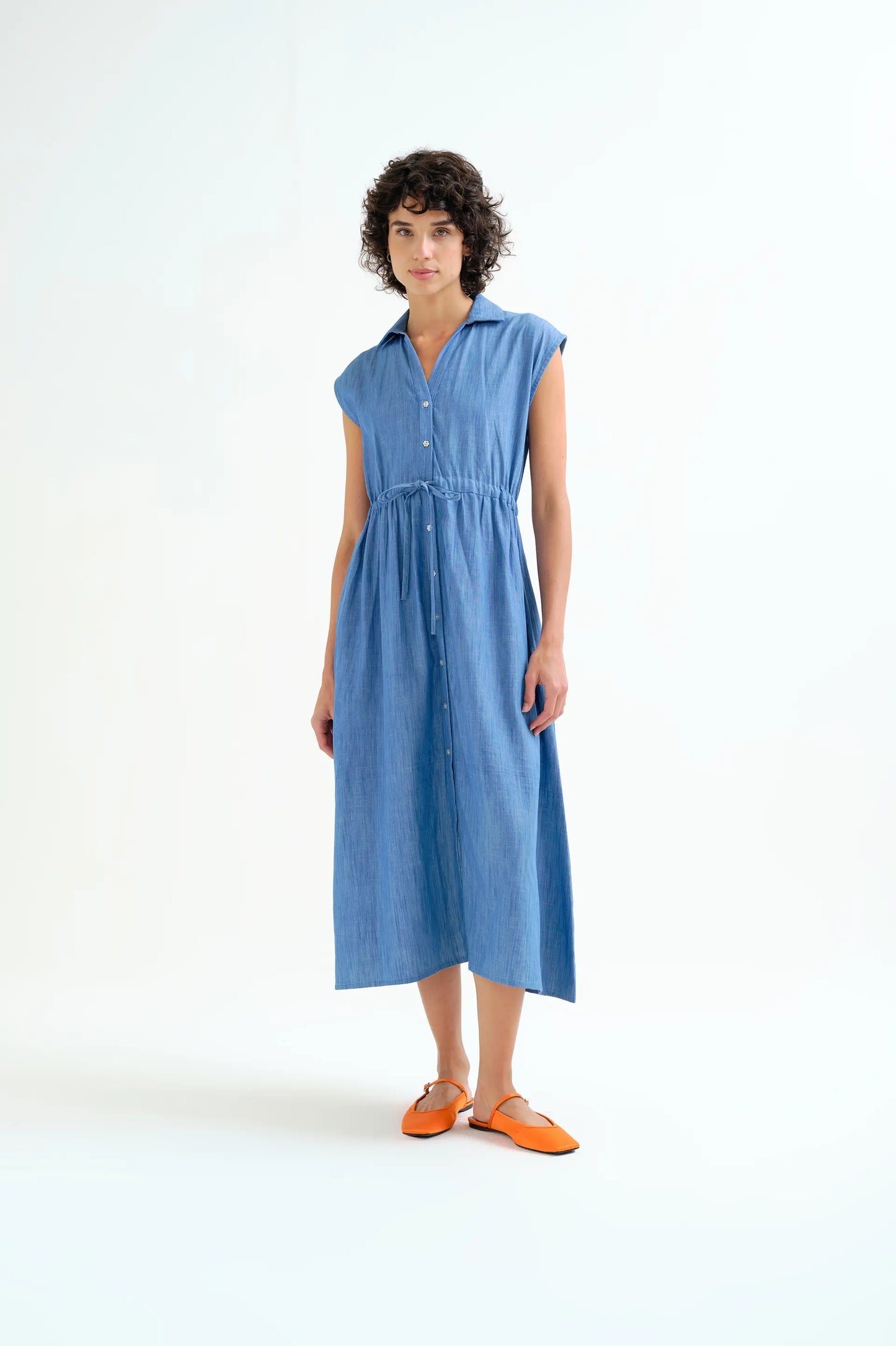 Light blue 100% cotton chambray midi dress