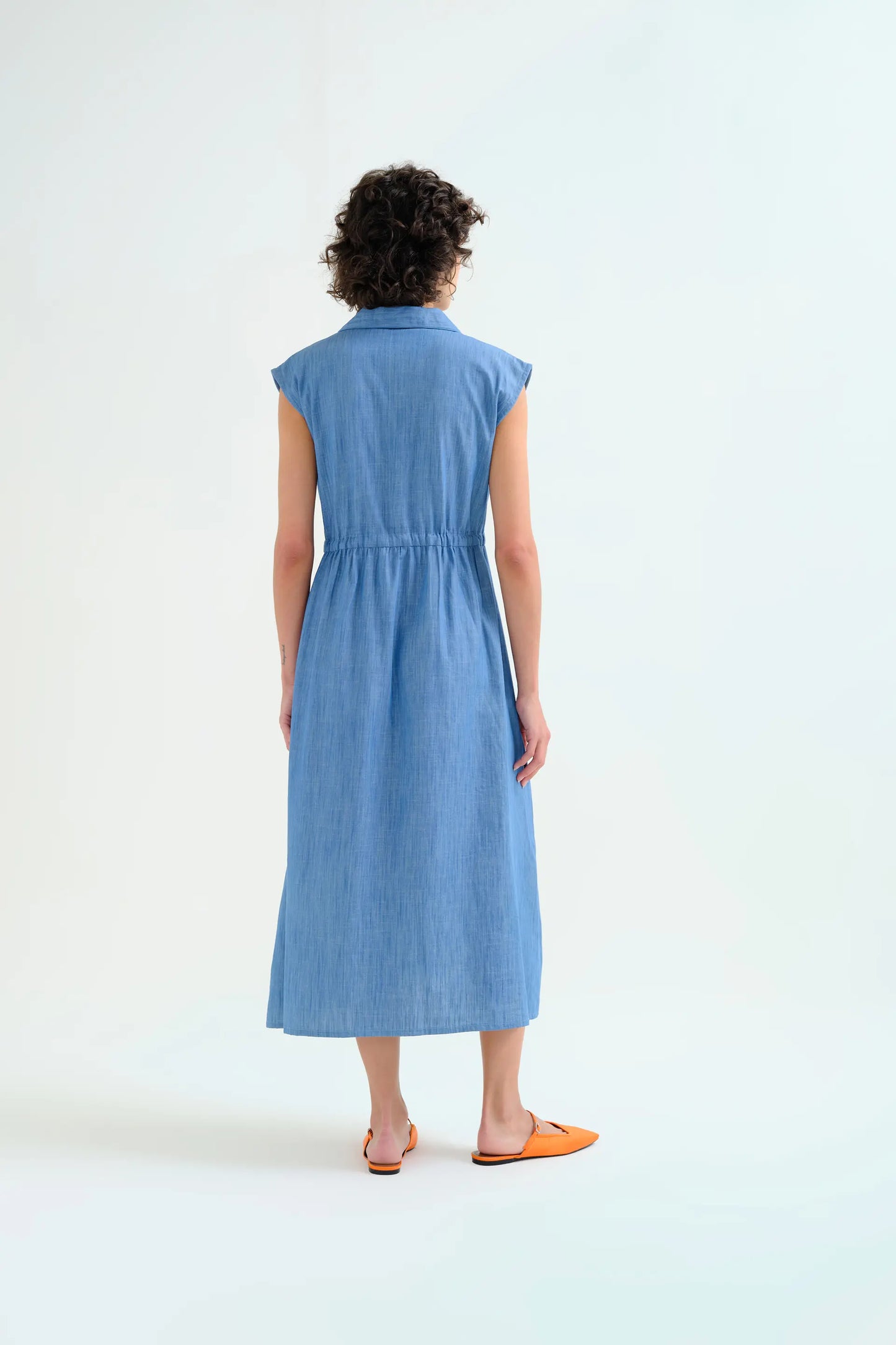 Light blue 100% cotton chambray midi dress