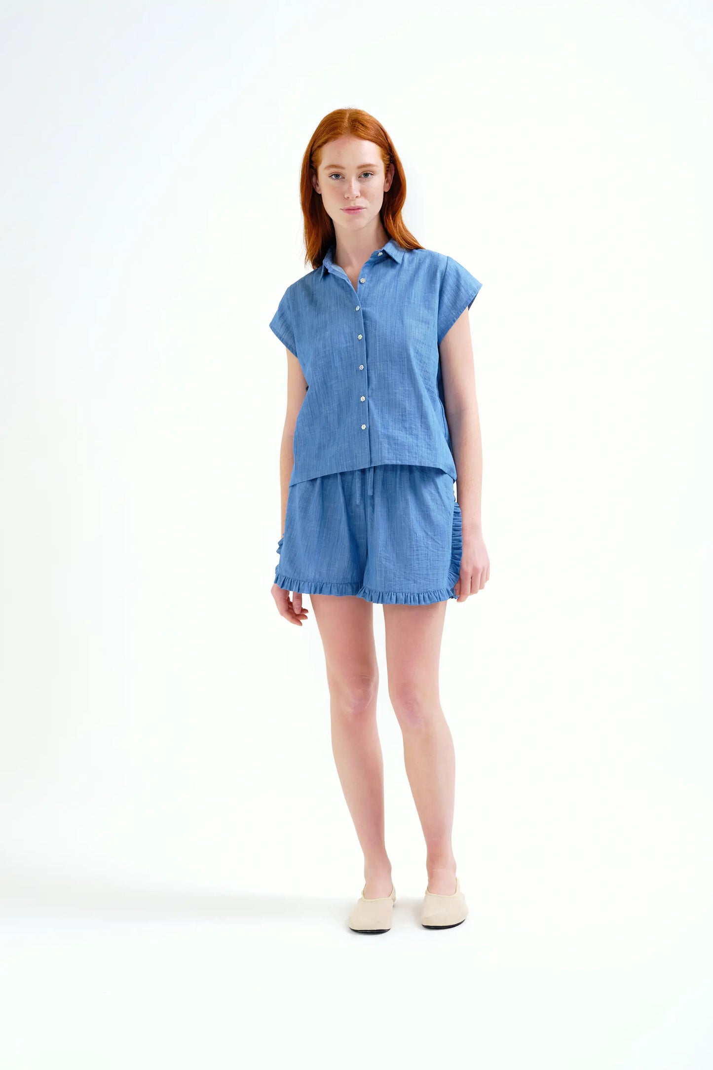 Pantaloncini 100% cotone chambray azzurro