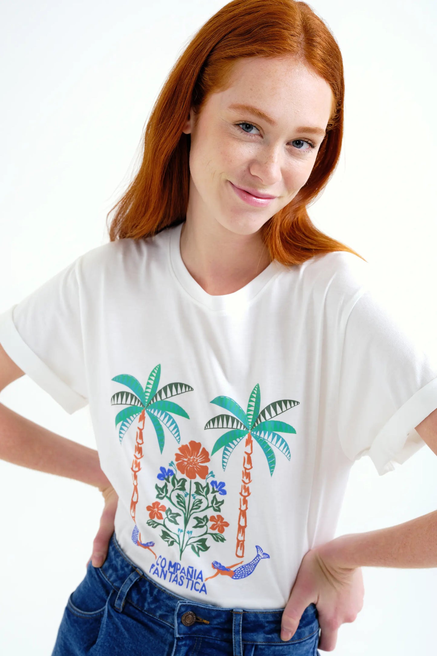 T-shirt con stampa di palme e sirene