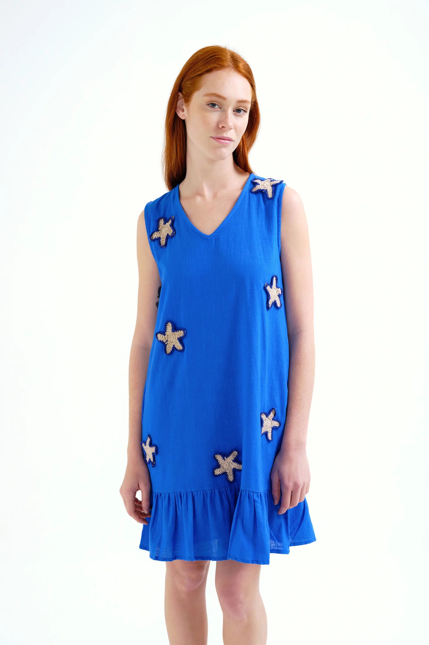 Navy blue 100% cotton short dress with star appliqués