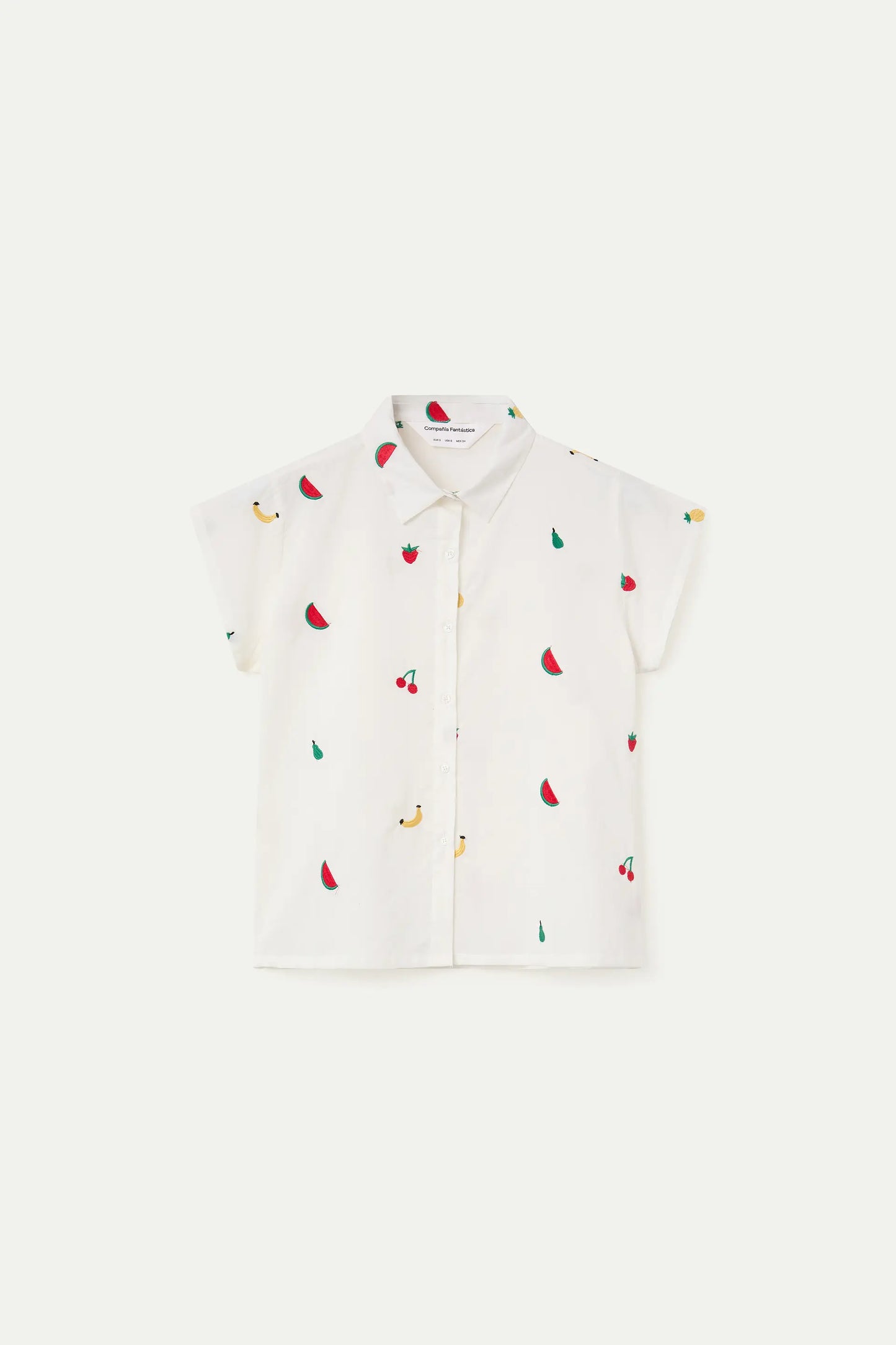 Camicia bianca, 100% cotone, con ricamo macedonia di frutta