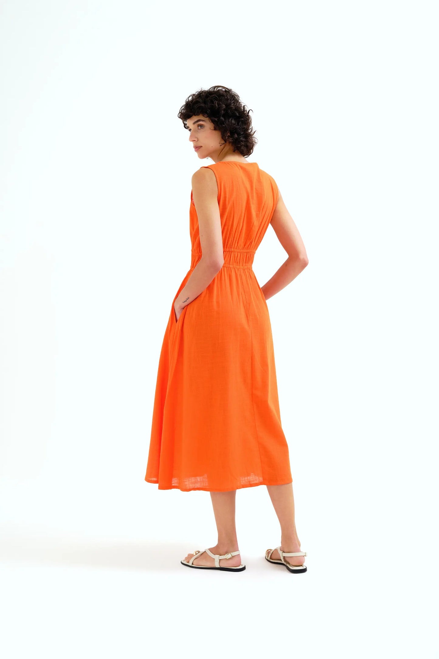 100% cotton orange midi dress