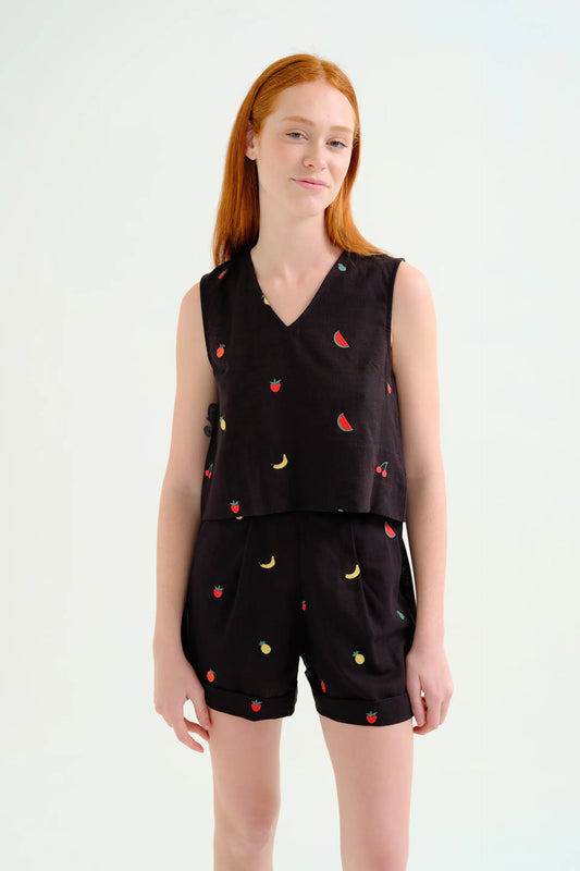 Top 100% black cotton with fruit salad embroidery