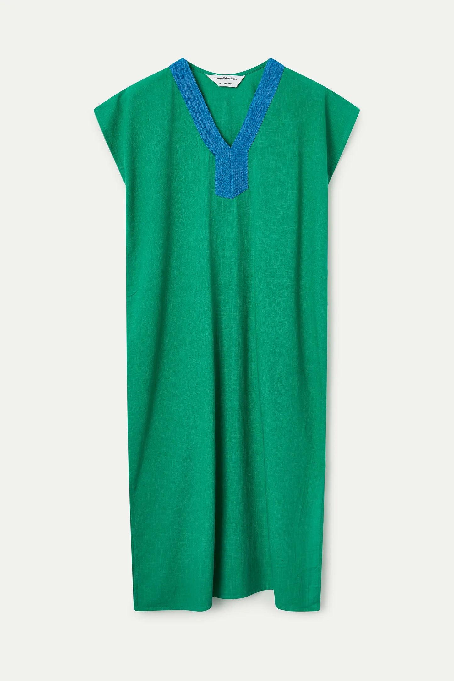 Lungo caftano verde con scollatura blu