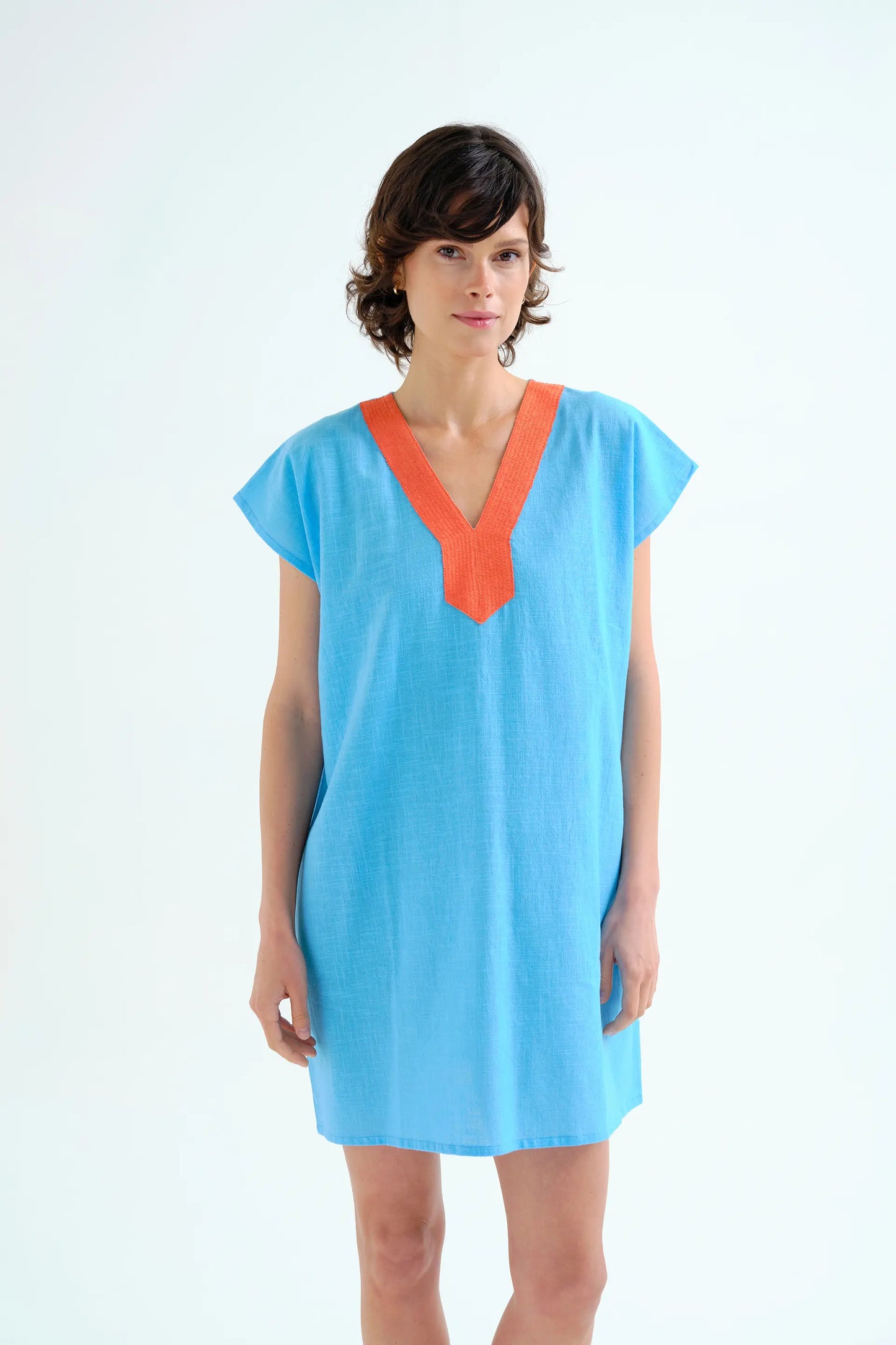 Short blue kaftan with orange neckline