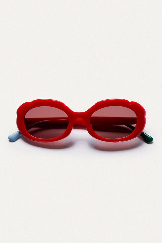 Gafas de sol rojas con punta patillas multicolor azul claro y verde