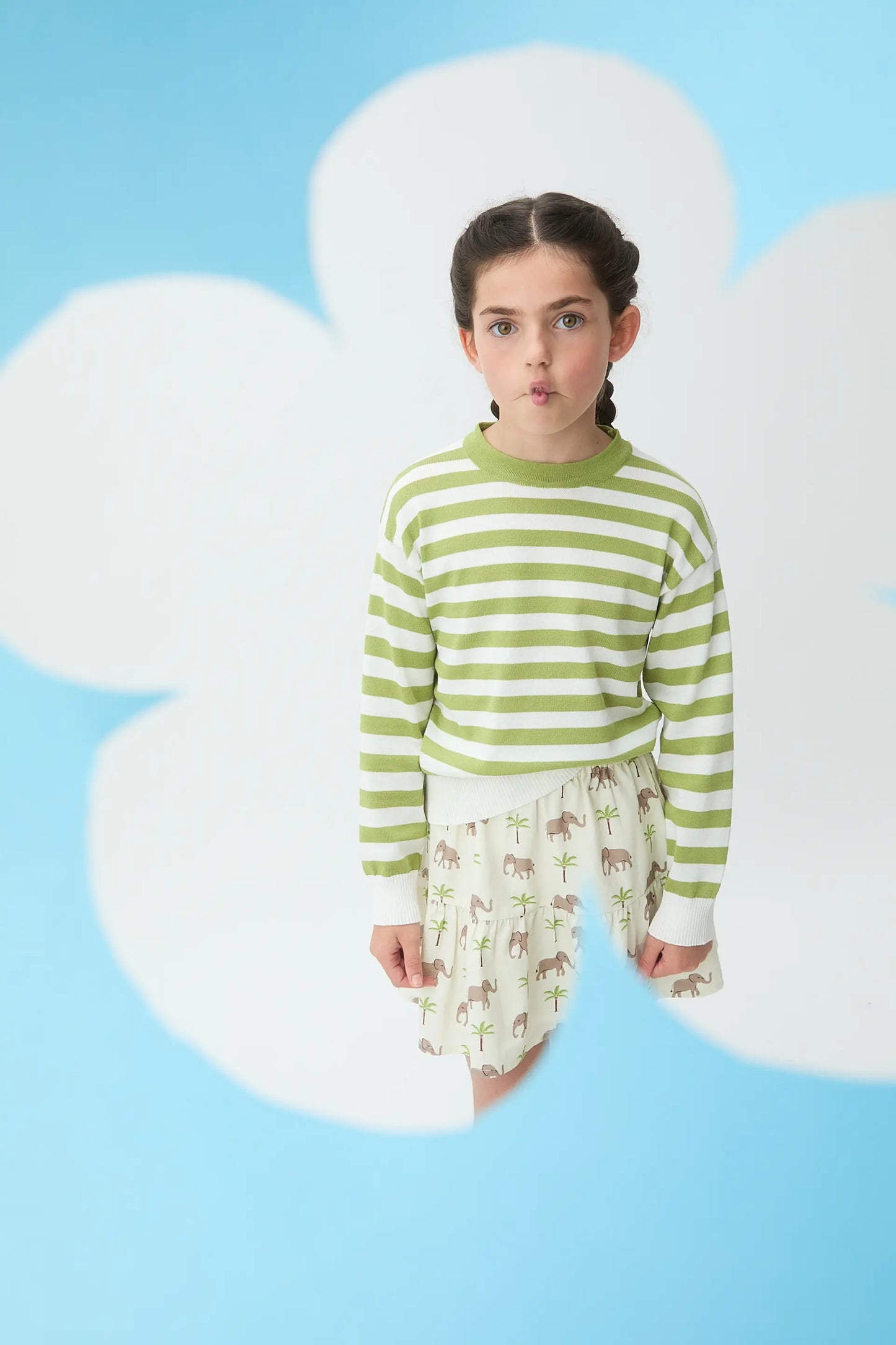 Girls' striped sweater, white and green