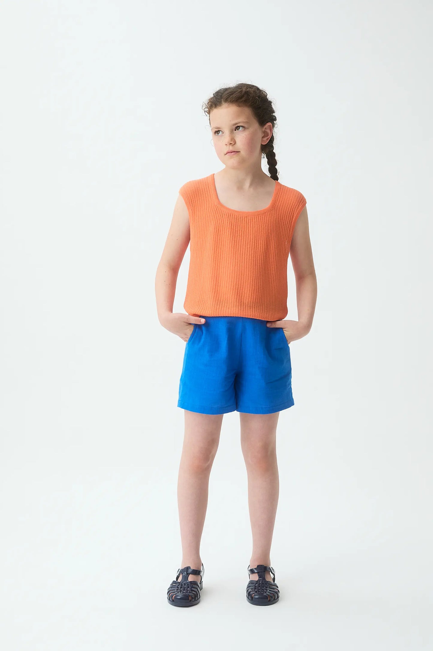 Orange knit top with short sleeves for girls