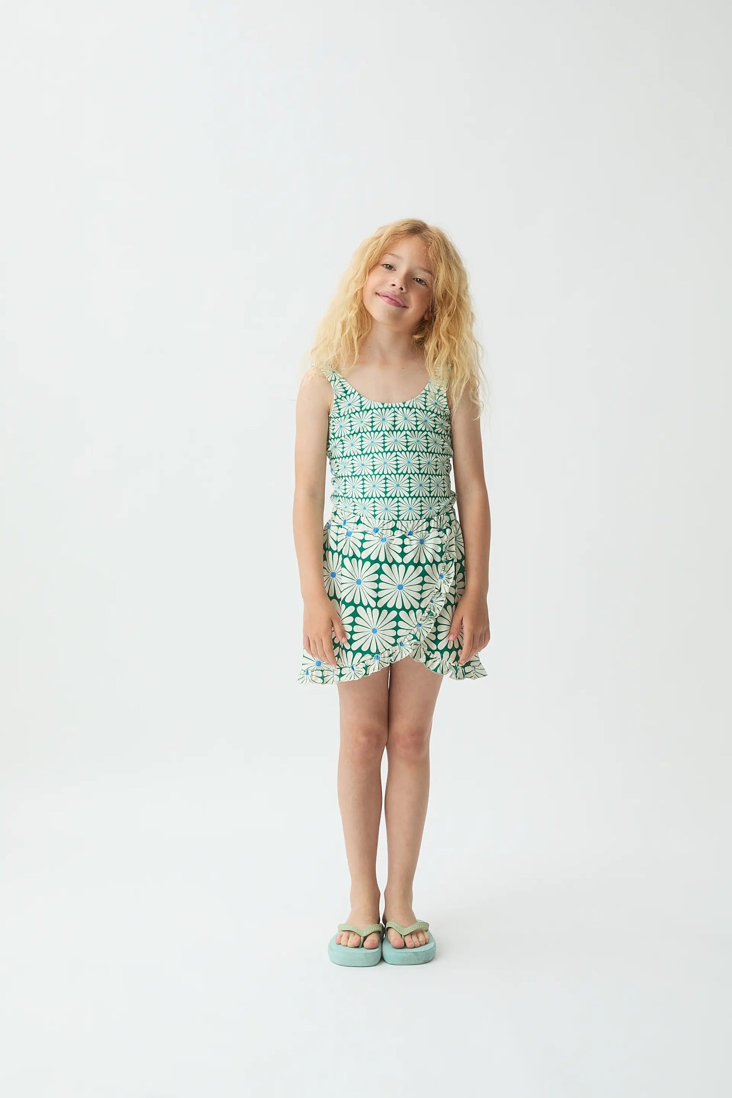 Short pareo skirt for girls with Olive Flower Green print