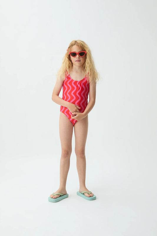 Costume da bagno da bambina con stampa Wave Red &amp; Pink