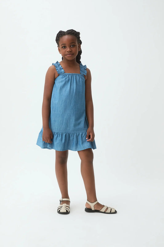 Vestido corto de niña 100% algodón Chambray