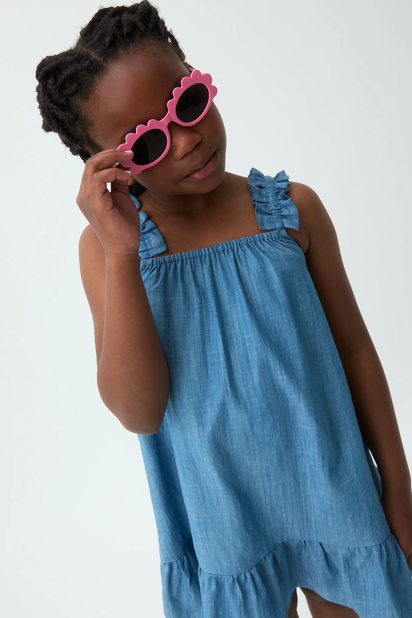 Short dress for girls, 100% cotton chambray