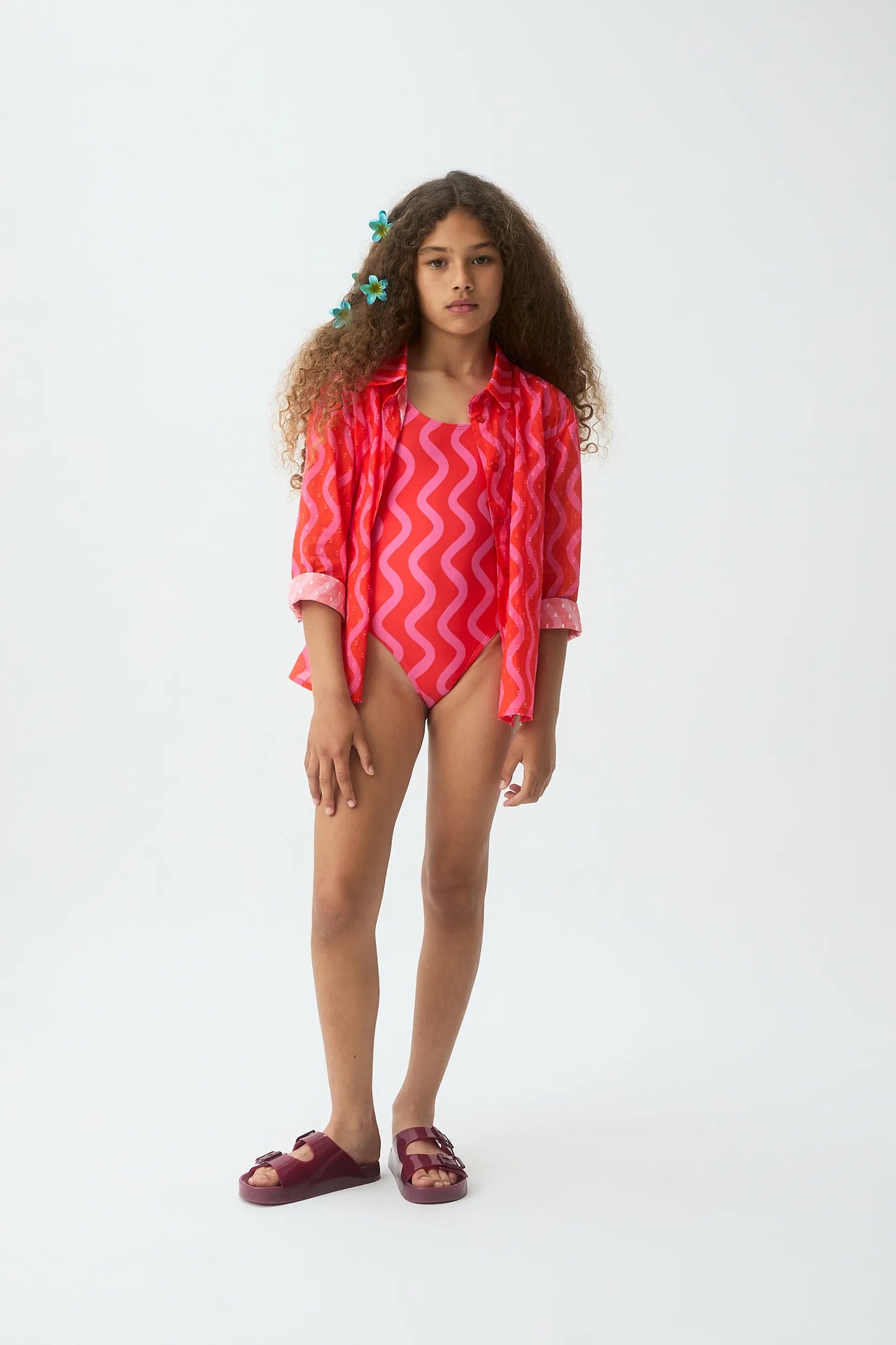 Camisa de niña con estampado Wave Red & Pink