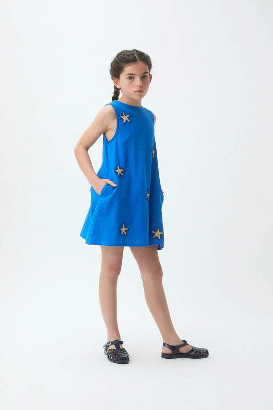 Girls' short dress, 100% cotton, navy blue with star patch