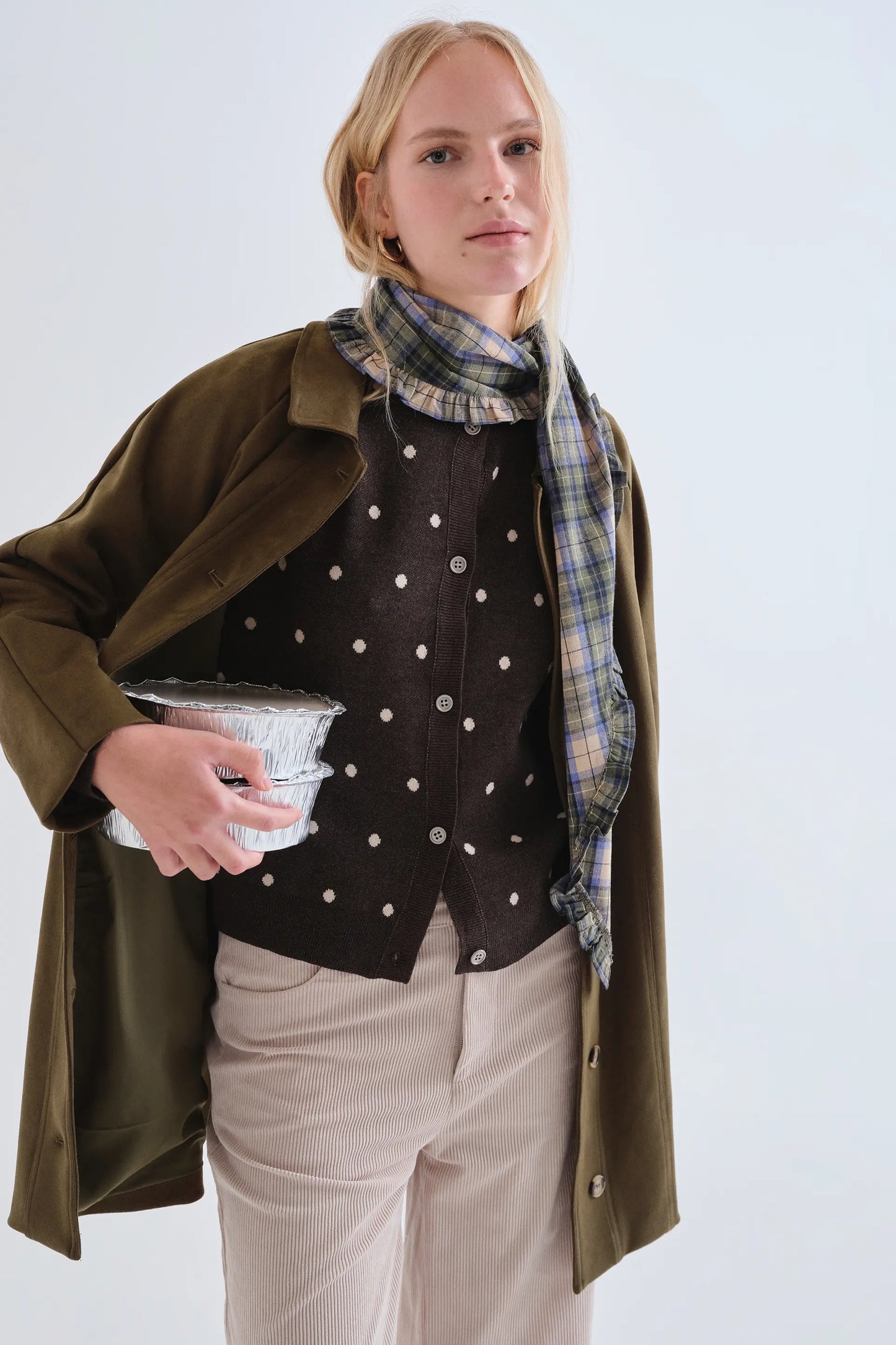 Cardigan verde a pois bianchi piccoli