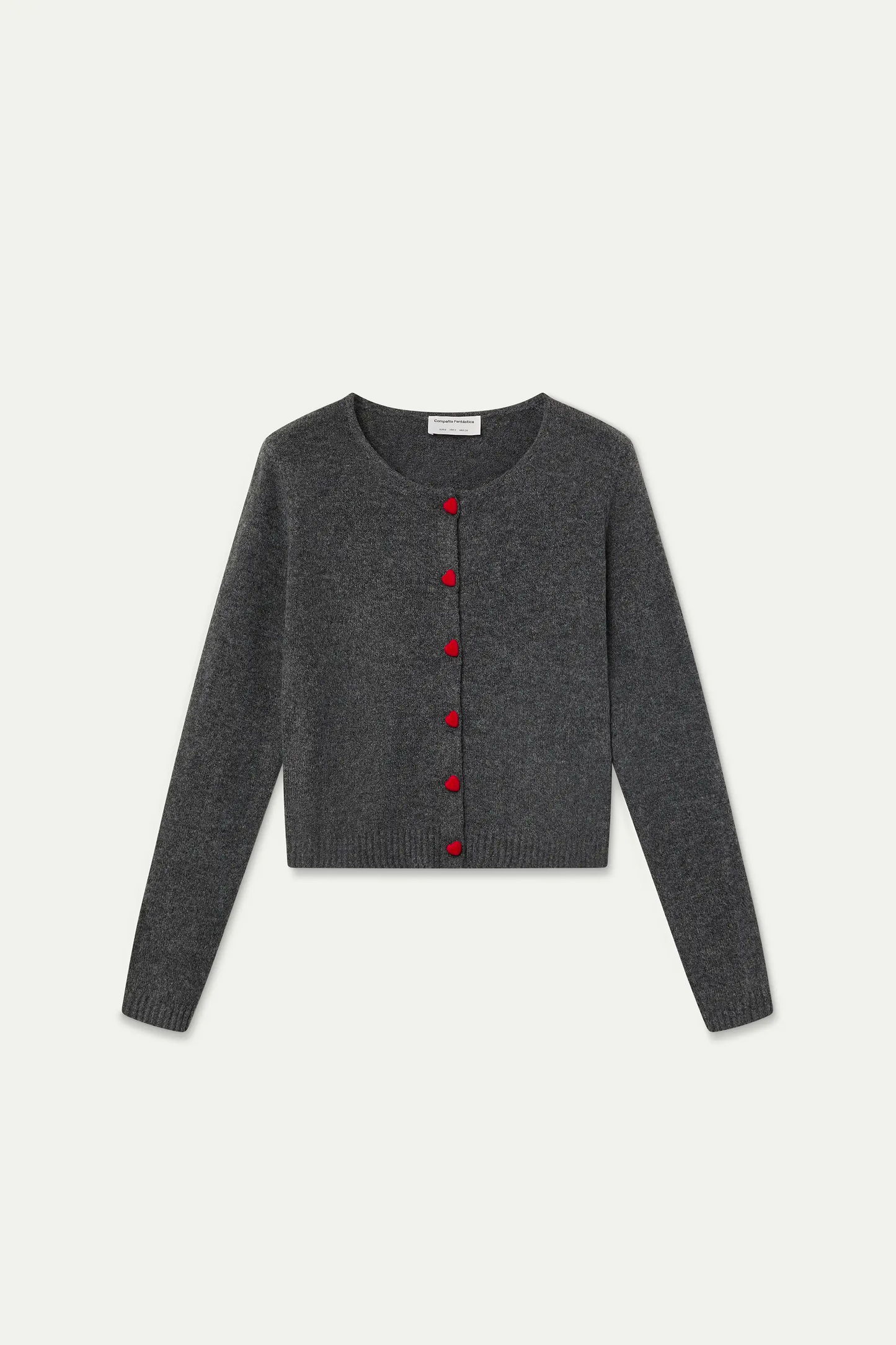 Cardigan grigio scuro con bottoni a cuore rossi