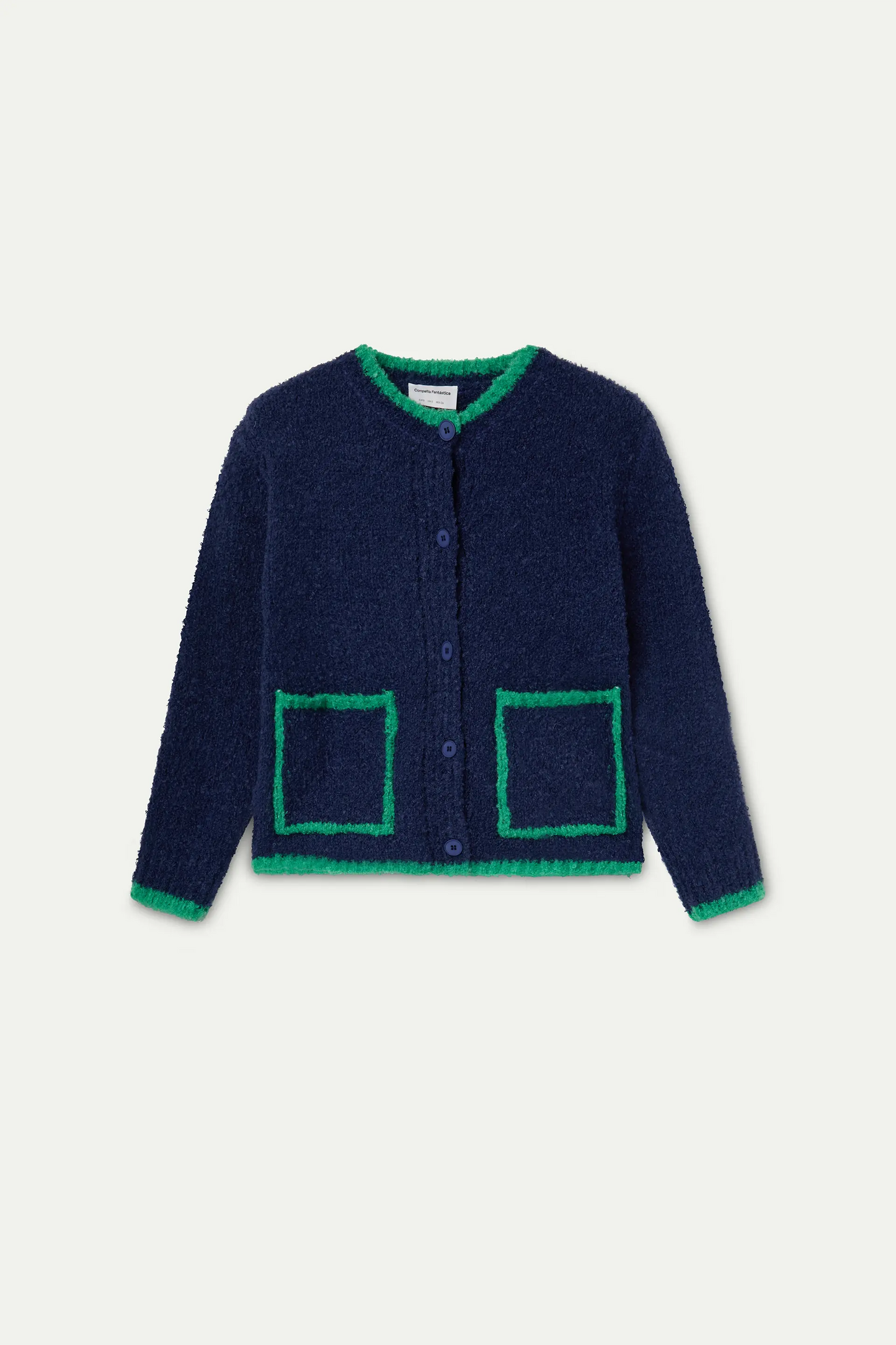 Cárdigan azul marino con detalles verdes
