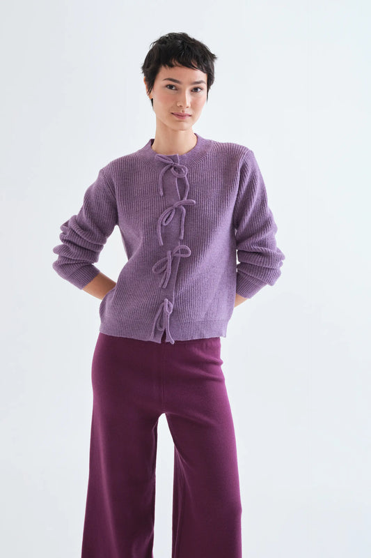Purple knit cardigan with ties