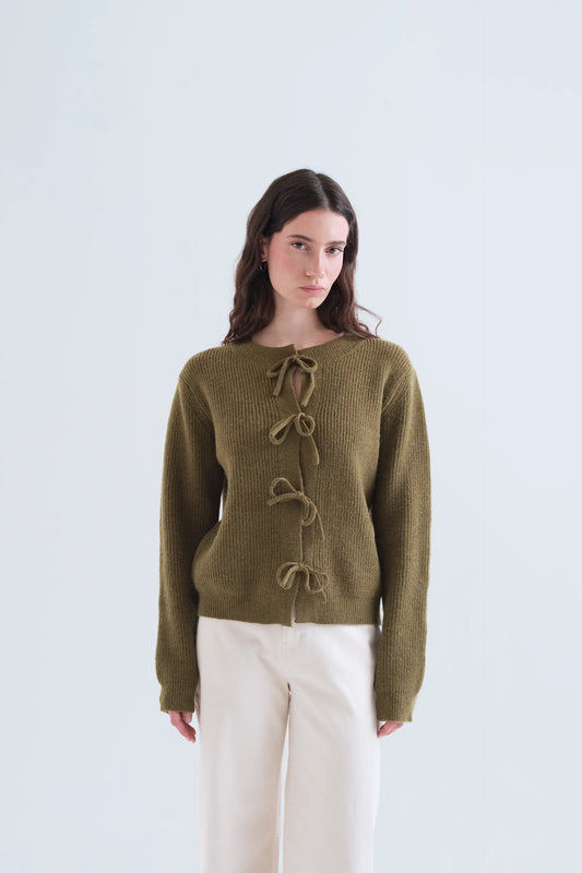 Olive green knit cardigan with ties