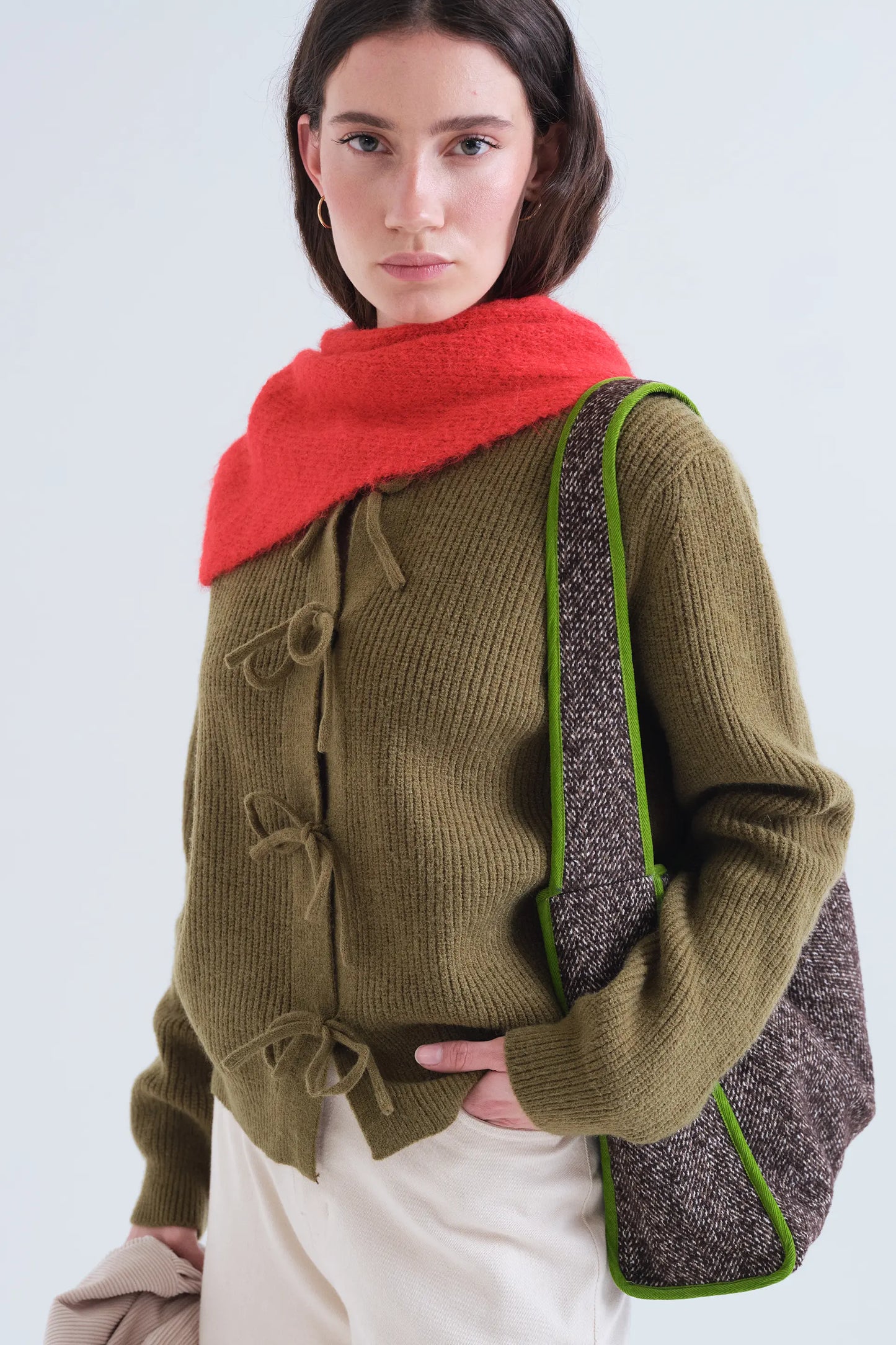 Olive green knit cardigan with ties