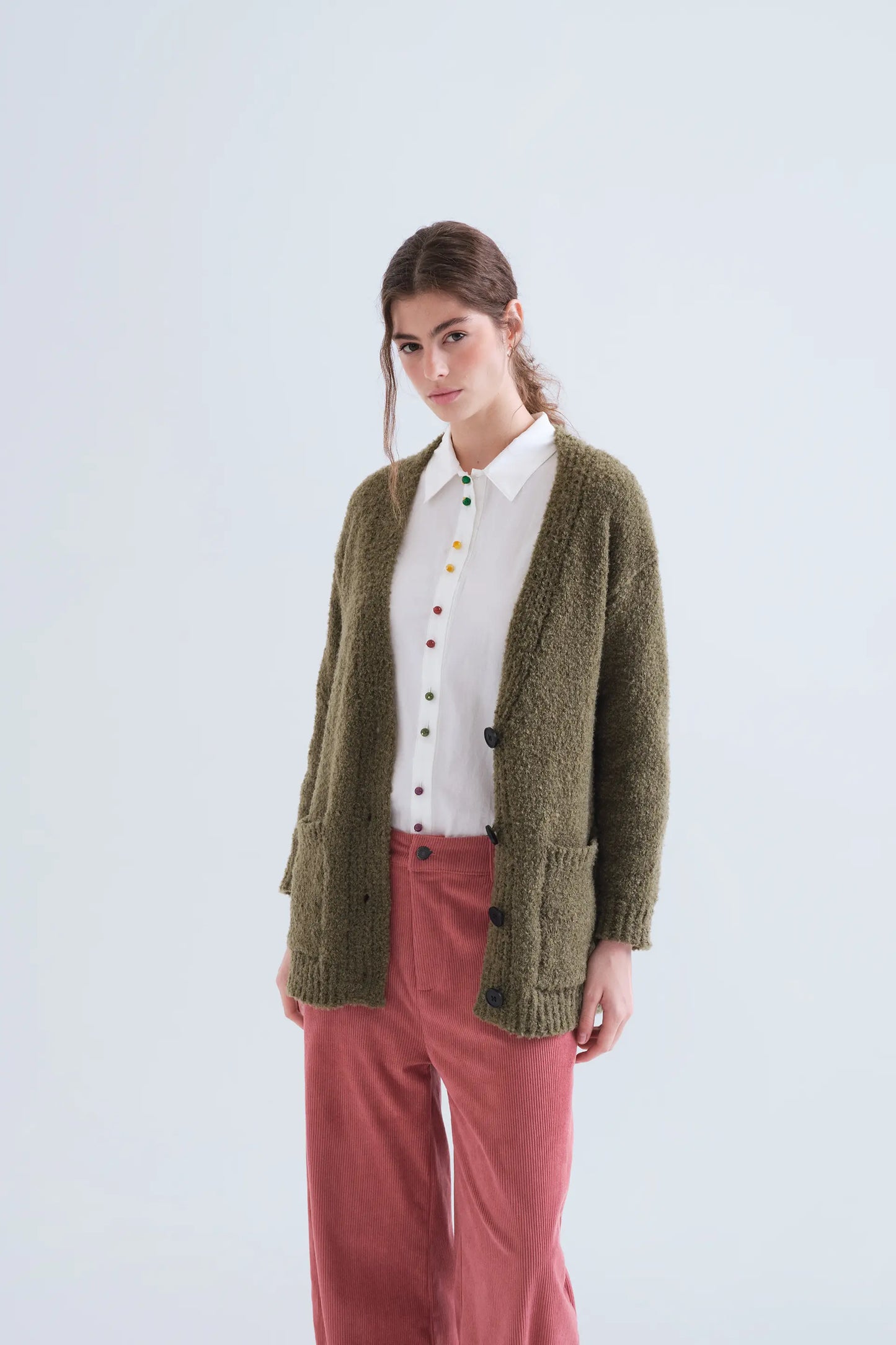 Cardigan a maglia verde oliva