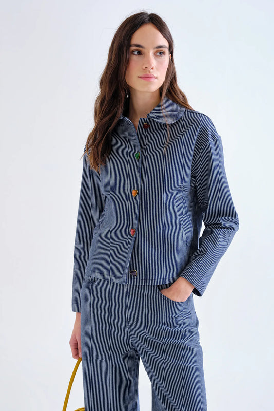 Denim jacket with blue stripes and multicolor heart details