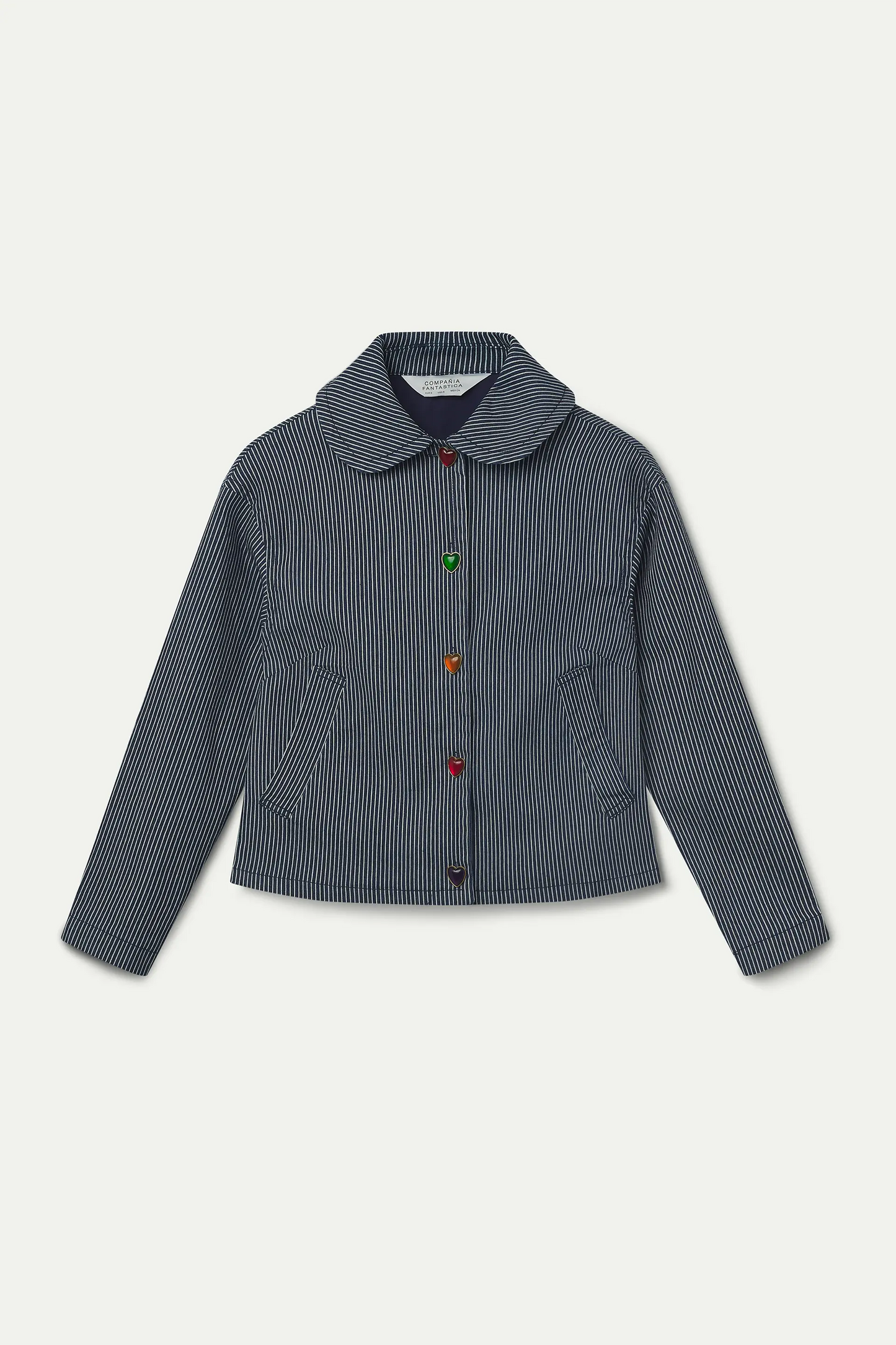 Chaqueta vaquera con rayas azul y detalles de corazón multicolor