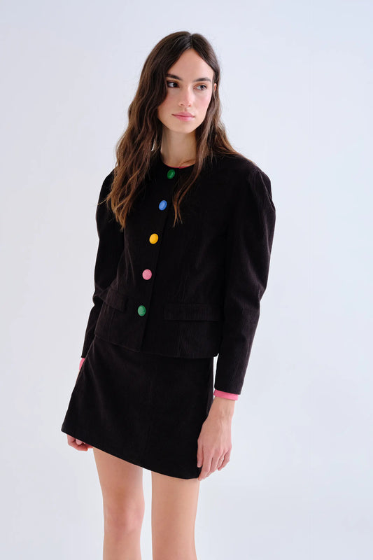 Black corduroy jacket with multicolor buttons