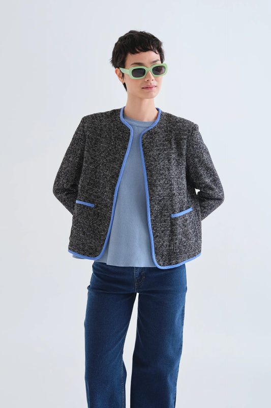 Black tweed jacket with light blue details
