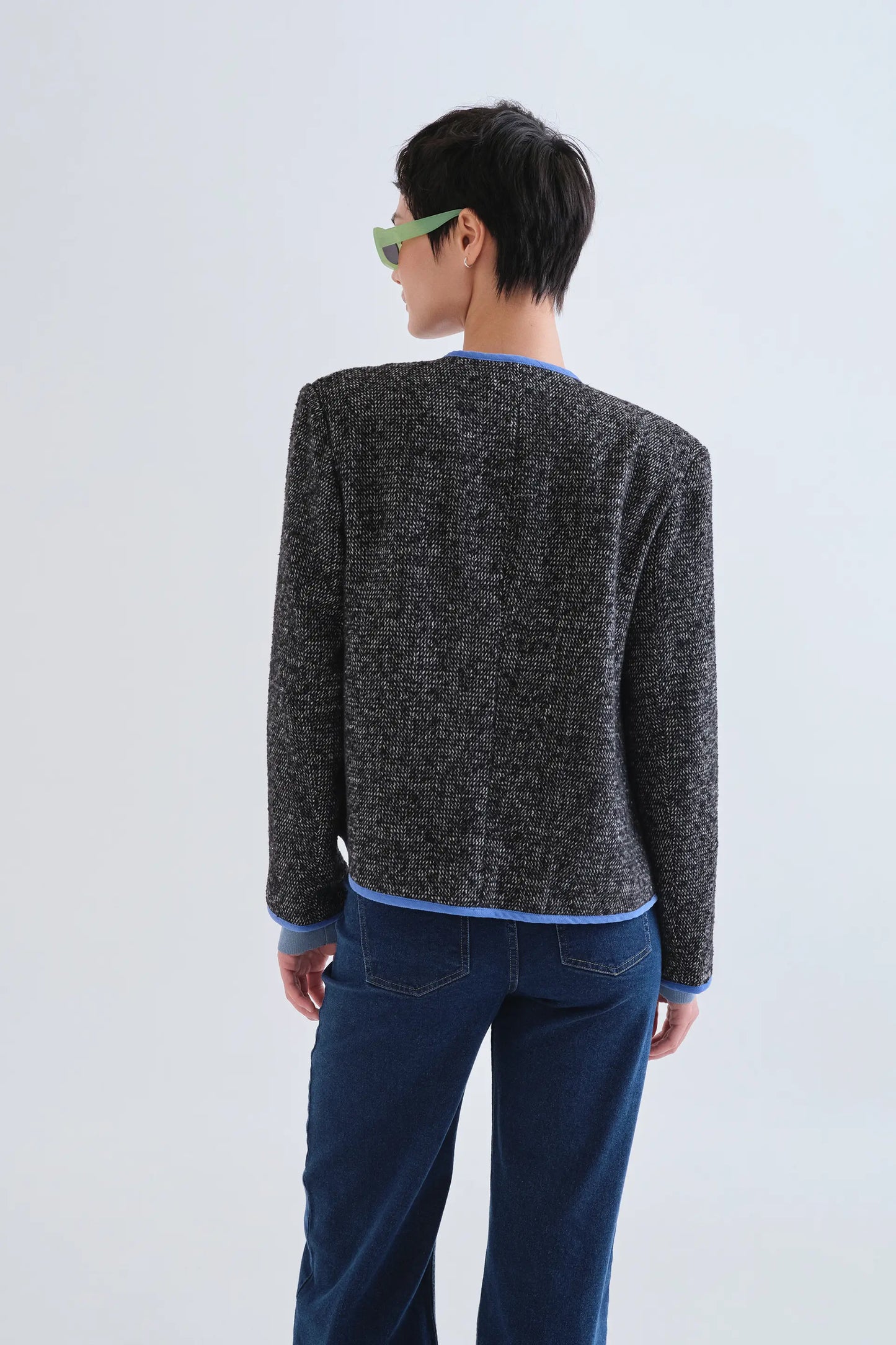 Black tweed jacket with light blue details