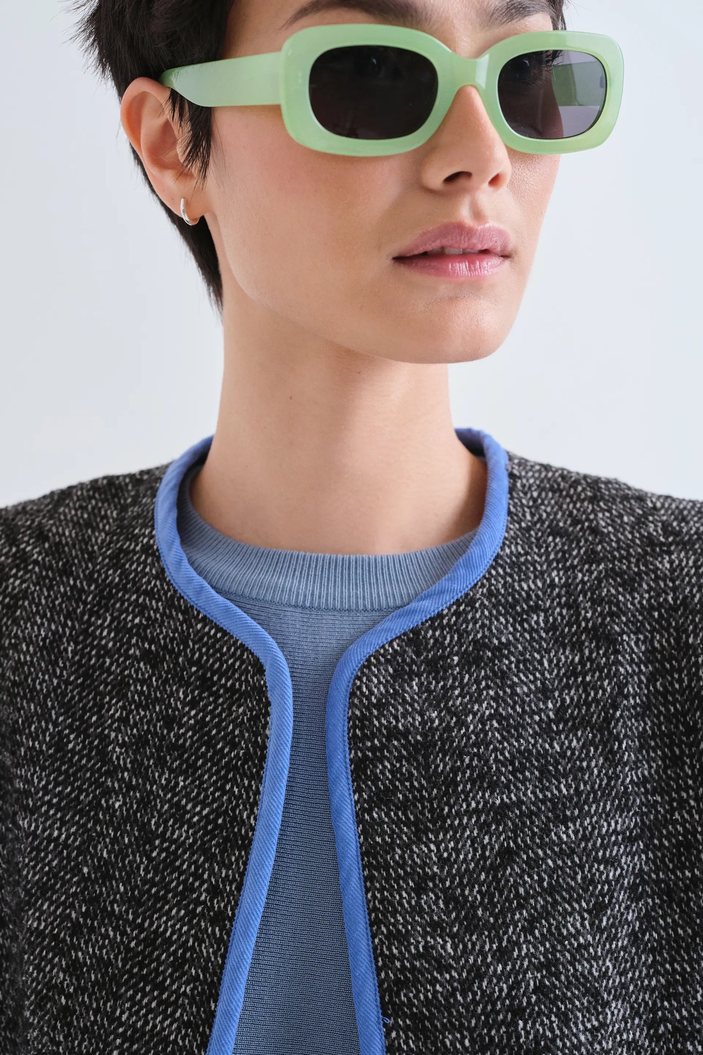 Black tweed jacket with light blue details