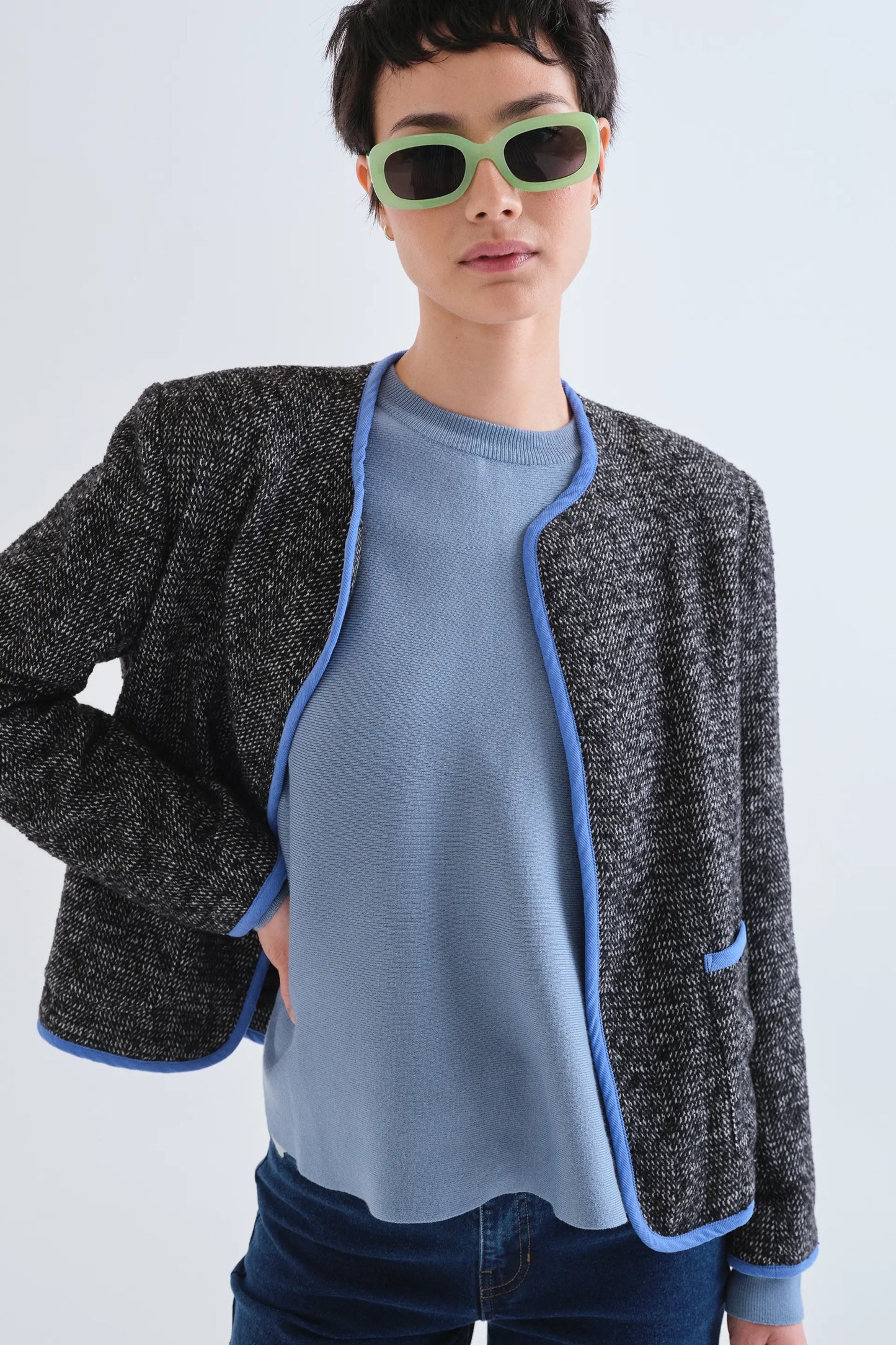 Black tweed jacket with light blue details