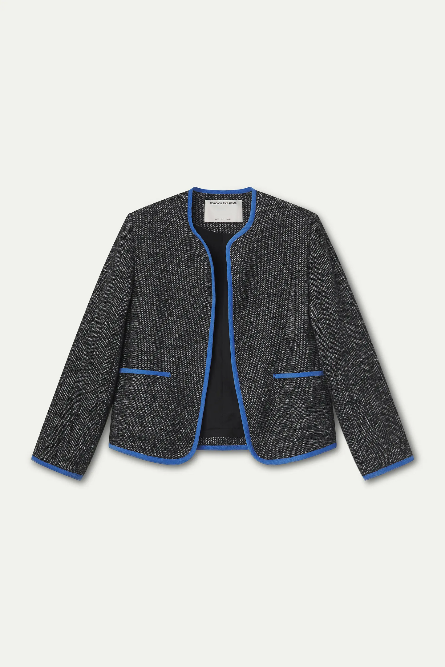 Black tweed jacket with light blue details