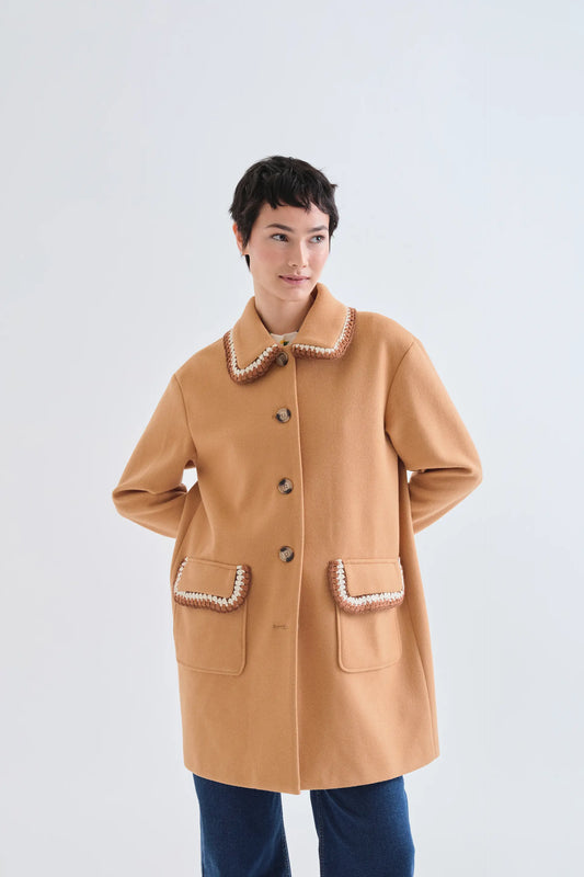 Camel coat with embroidered details