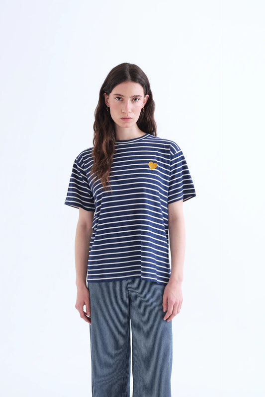 Camiseta 100% algodón con estampado de rayas azul marino