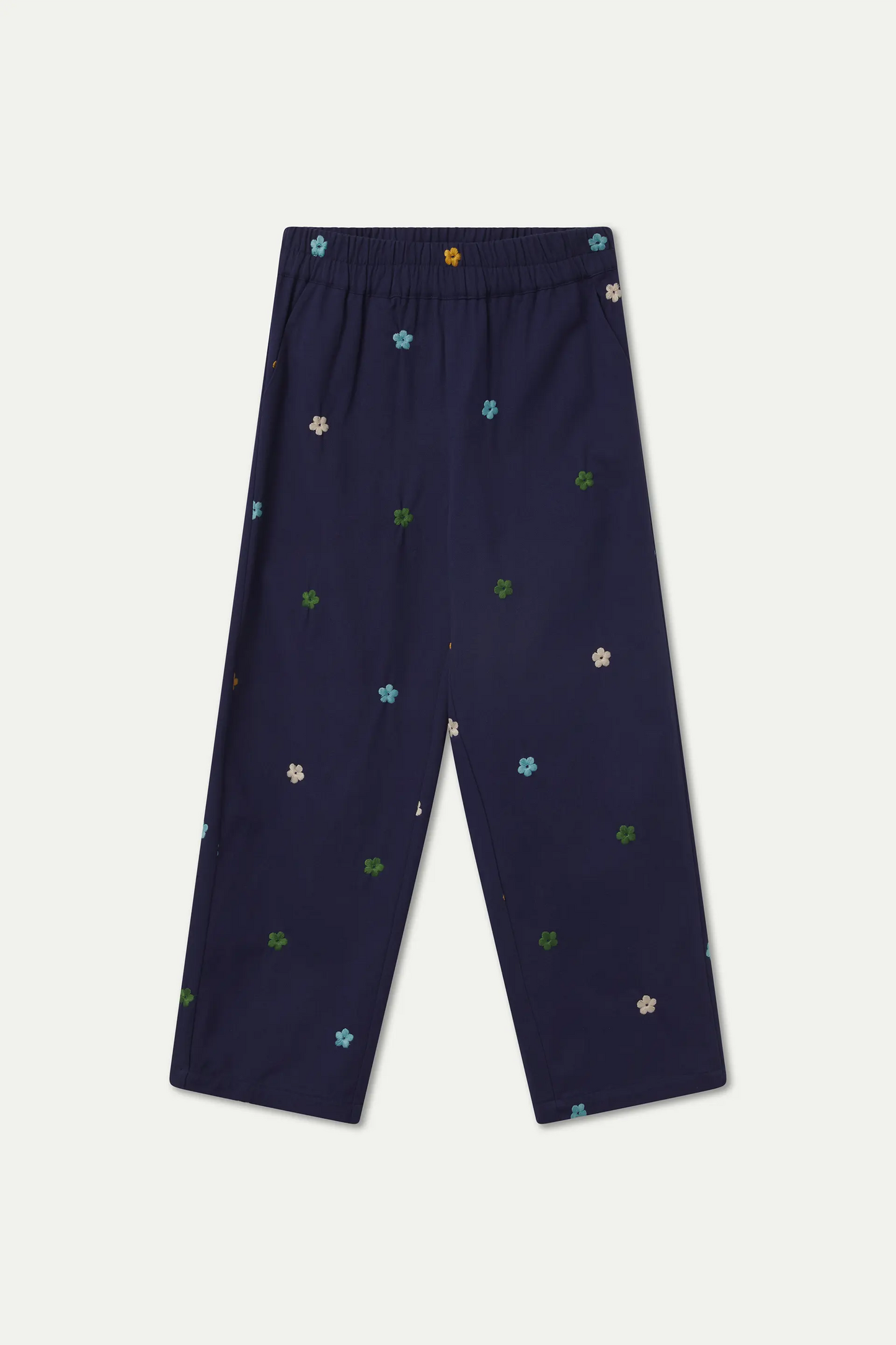 Pantalón 100% algodón azul marino con bordado de flores
