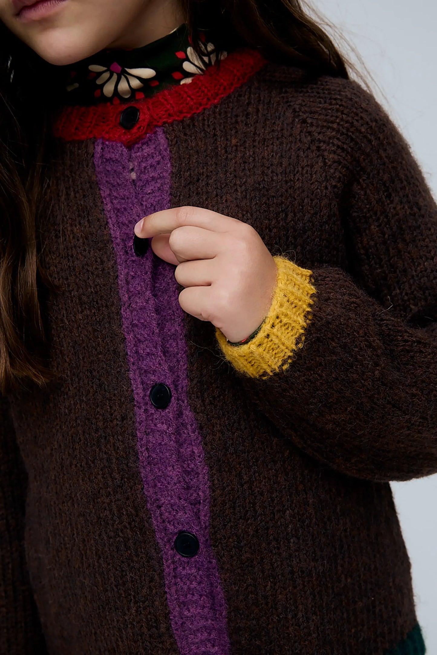 Unisex brown cardigan with multicolored details